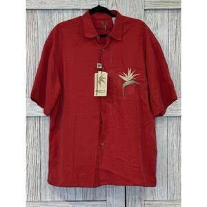 Bamboo Cay Men’s Short Sleeve Camp Shirt L Palm Tree Hawaiian Embroidery Red